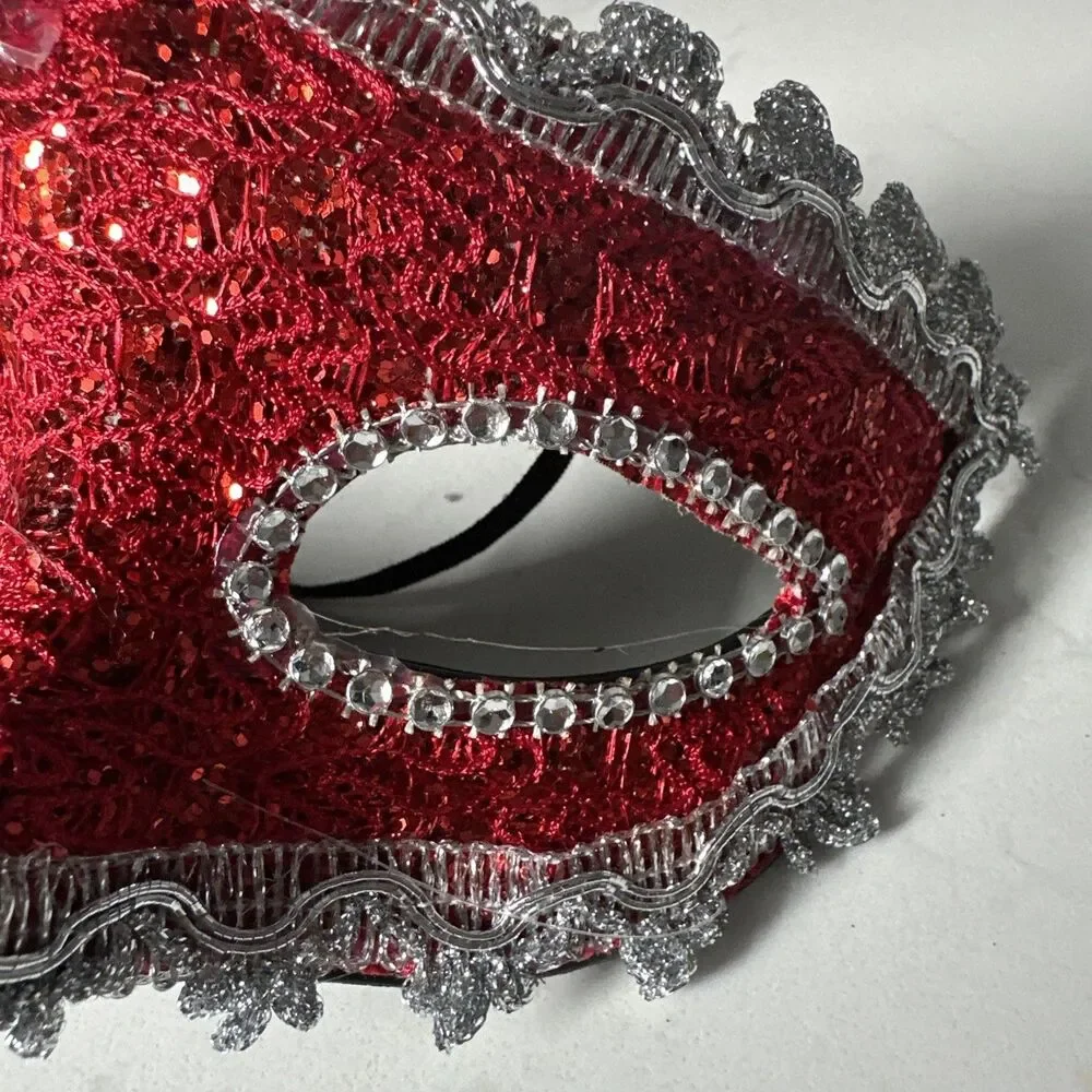 Lace Mardi Gras Mask Red with Silver Trim New Masquerade Ball Fantasy